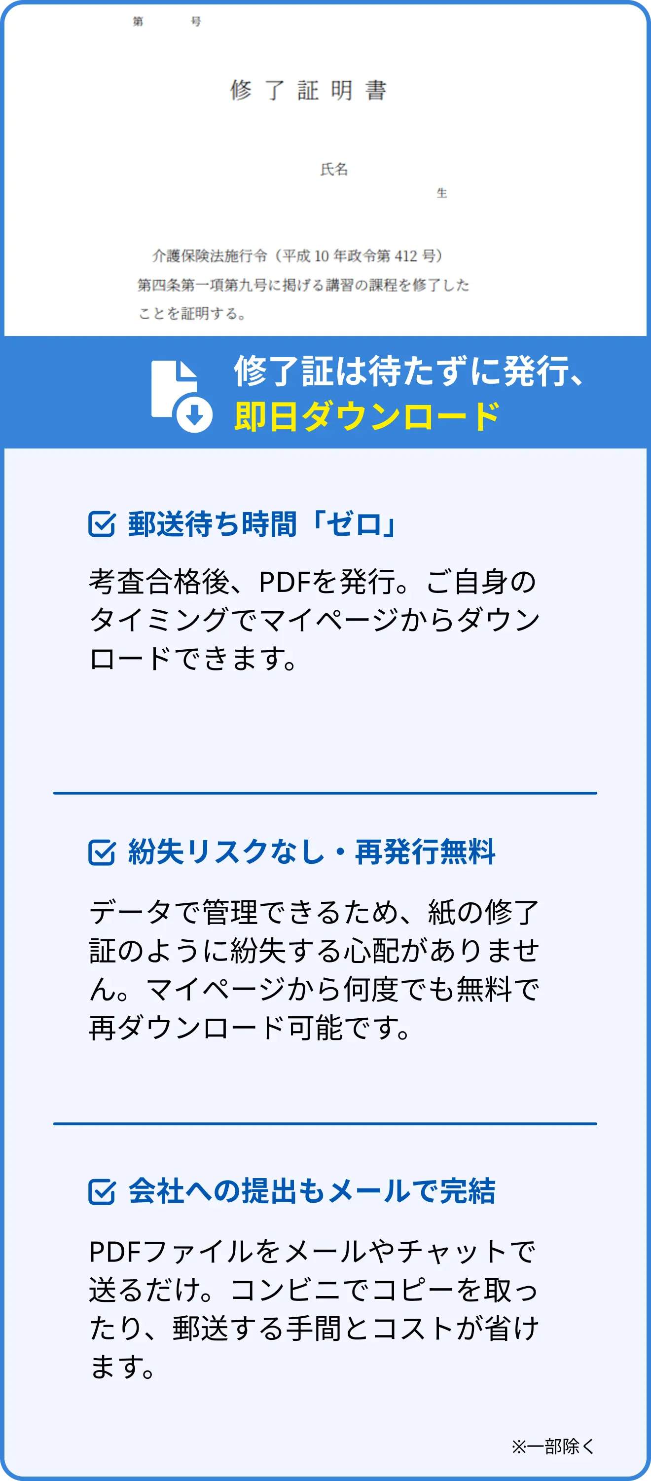 修了証は待たずに発行、即日ダウンロード