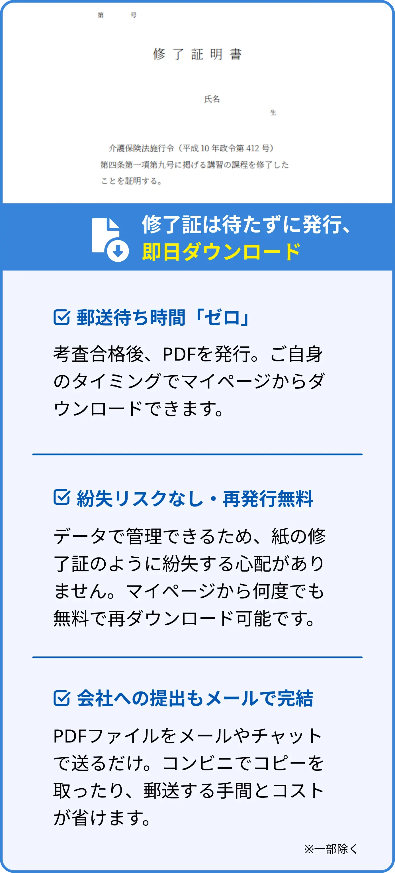 修了証は待たずに発行、即日ダウンロード